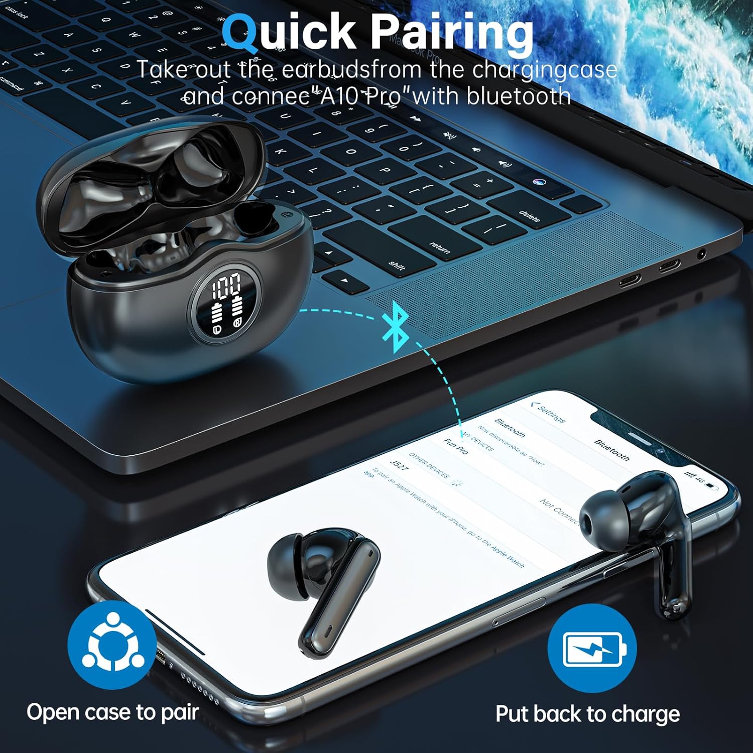 A10 Pro Wireless Earbuds, Bluetooth 5.3 Headphones HiFi Stereo 50H Playback LED Digital Display Ear Buds with ENC Noise Canceling Headset, IPX7 Waterproof Earphones for Gym/Running/Work - Black