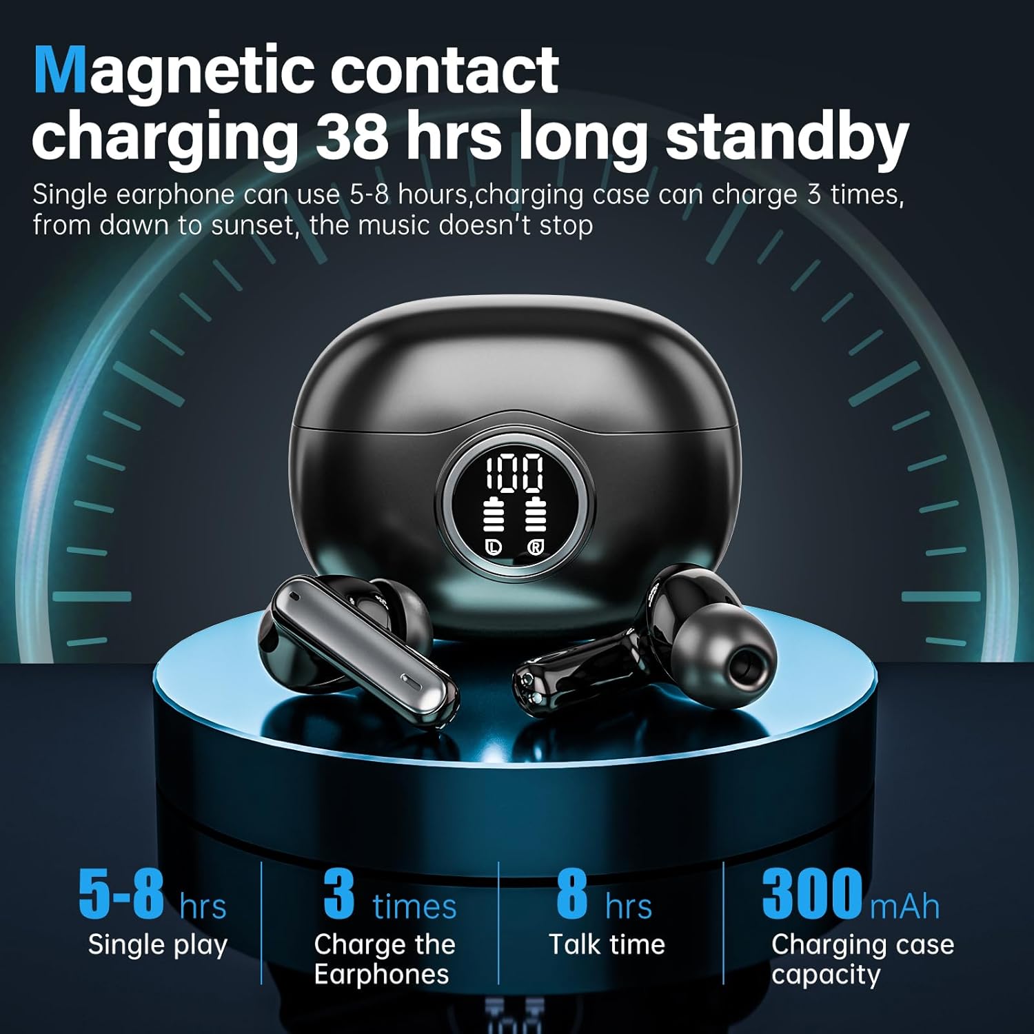 A10 Pro Wireless Earbuds, Bluetooth 5.3 Headphones HiFi Stereo 50H Playback LED Digital Display Ear Buds with ENC Noise Canceling Headset, IPX7 Waterproof Earphones for Gym/Running/Work - Black