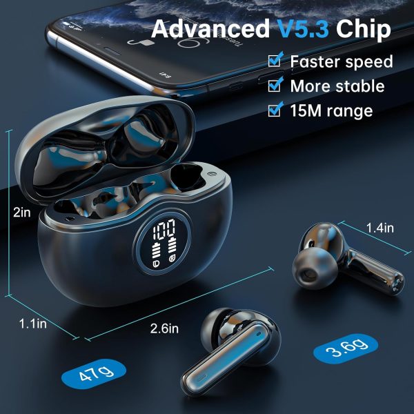 A10 Pro Wireless Earbuds, Bluetooth 5.3 Headphones HiFi Stereo 50H Playback LED Digital Display Ear Buds with ENC Noise Canceling Headset, IPX7 Waterproof Earphones for Gym/Running/Work - Black