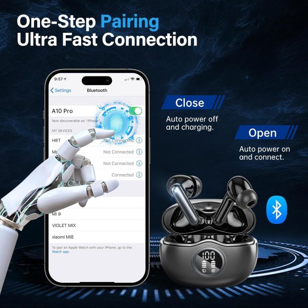 A10 Pro Wireless Earbuds, Bluetooth 5.3 Headphones HiFi Stereo 50H Playback LED Digital Display Ear Buds with ENC Noise Canceling Headset, IPX7 Waterproof Earphones for Gym/Running/Work - Black