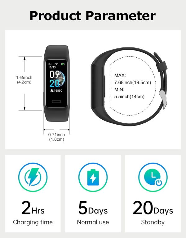 Fitness Tracker, Fitness Watches for Women Men Pedometer Watch with 24/7 Heart Rate Monitor Sleep Tracker Step/Calorie Counter Stopwatch IP68 Waterproof Activity Trackers (Dark Black)