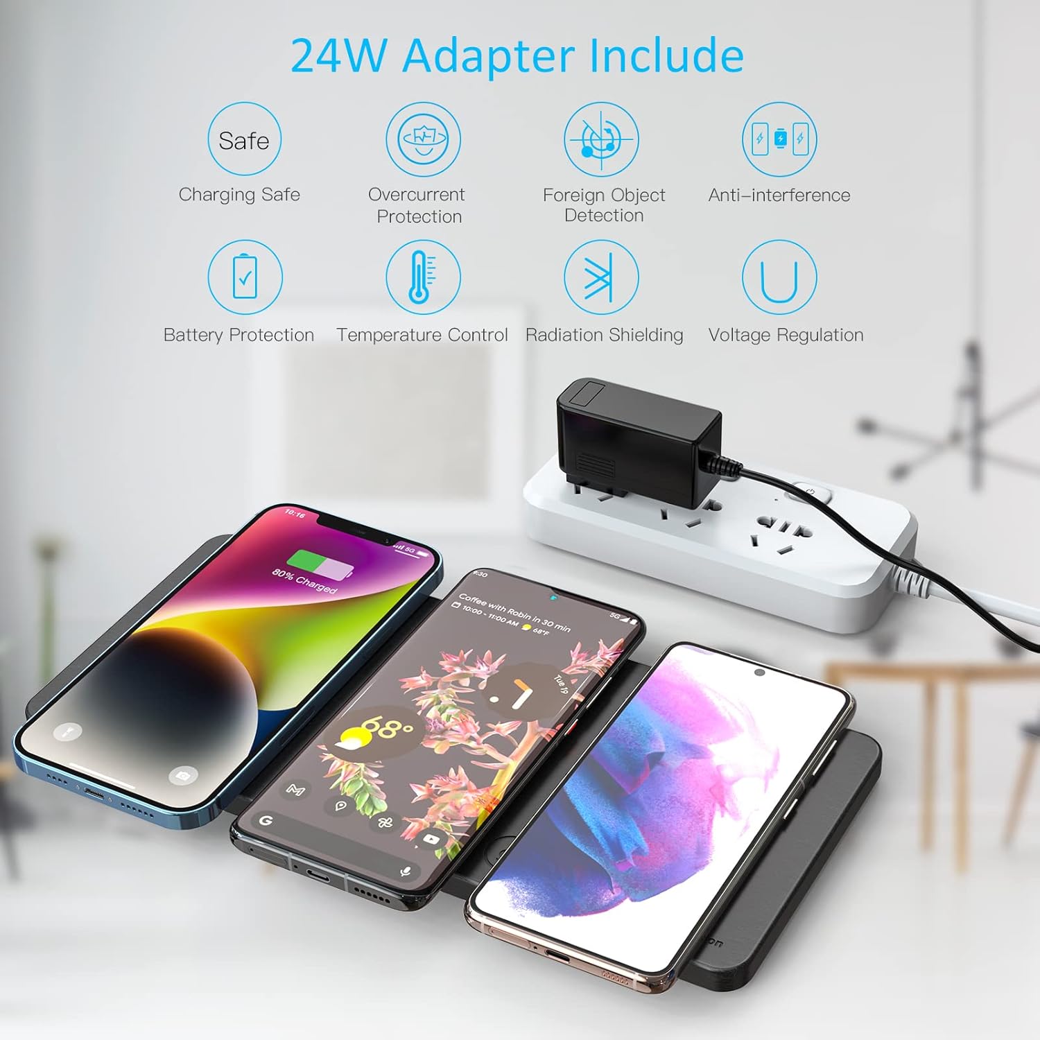 Wireless Charging Pad, ZealSound Ultra-Slim Triple Charger Station for Multiple 3 Devices & New Airpods Ultra Slim PU Leather Wireless Charging Mat W/AC Adapter for Smartphone Phone (Black)