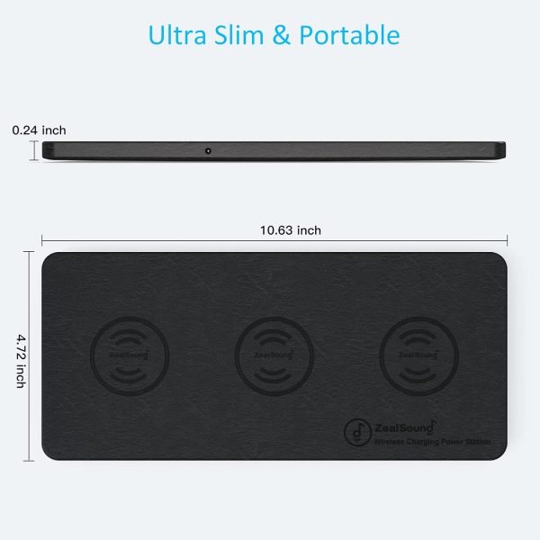 Wireless Charging Pad, ZealSound Ultra-Slim Triple Charger Station for Multiple 3 Devices & New Airpods Ultra Slim PU Leather Wireless Charging Mat W/AC Adapter for Smartphone Phone (Black)