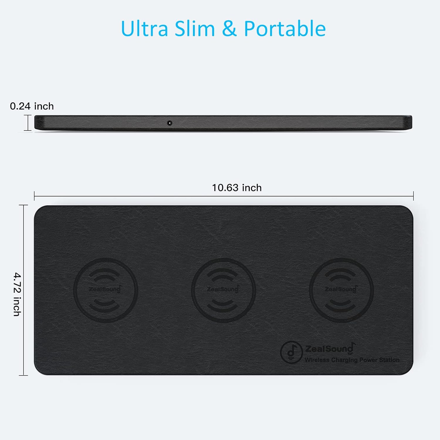 Wireless Charging Pad, ZealSound Ultra-Slim Triple Charger Station for Multiple 3 Devices & New Airpods Ultra Slim PU Leather Wireless Charging Mat W/AC Adapter for Smartphone Phone (Black)