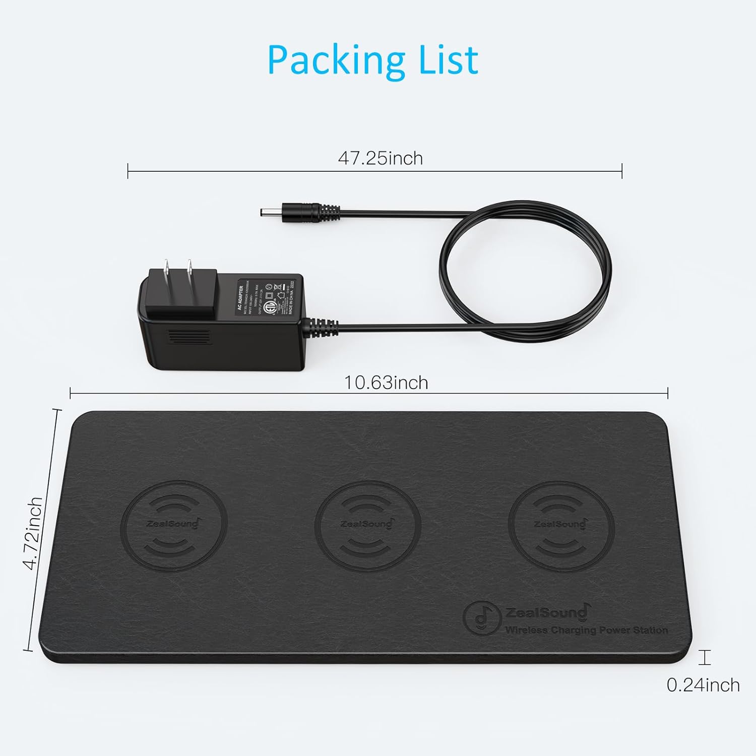 Wireless Charging Pad, ZealSound Ultra-Slim Triple Charger Station for Multiple 3 Devices & New Airpods Ultra Slim PU Leather Wireless Charging Mat W/AC Adapter for Smartphone Phone (Black)
